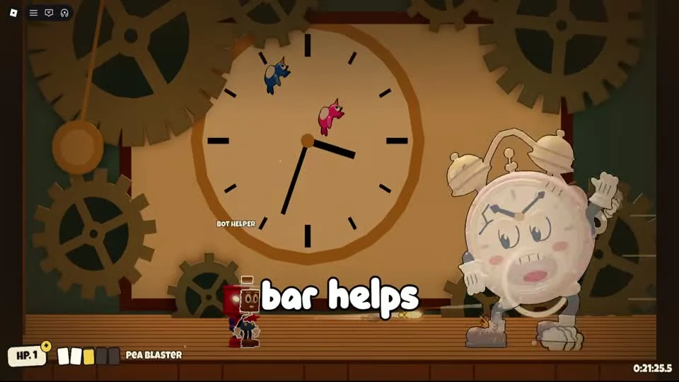Pink and blue flying targets during the clock boss encounter